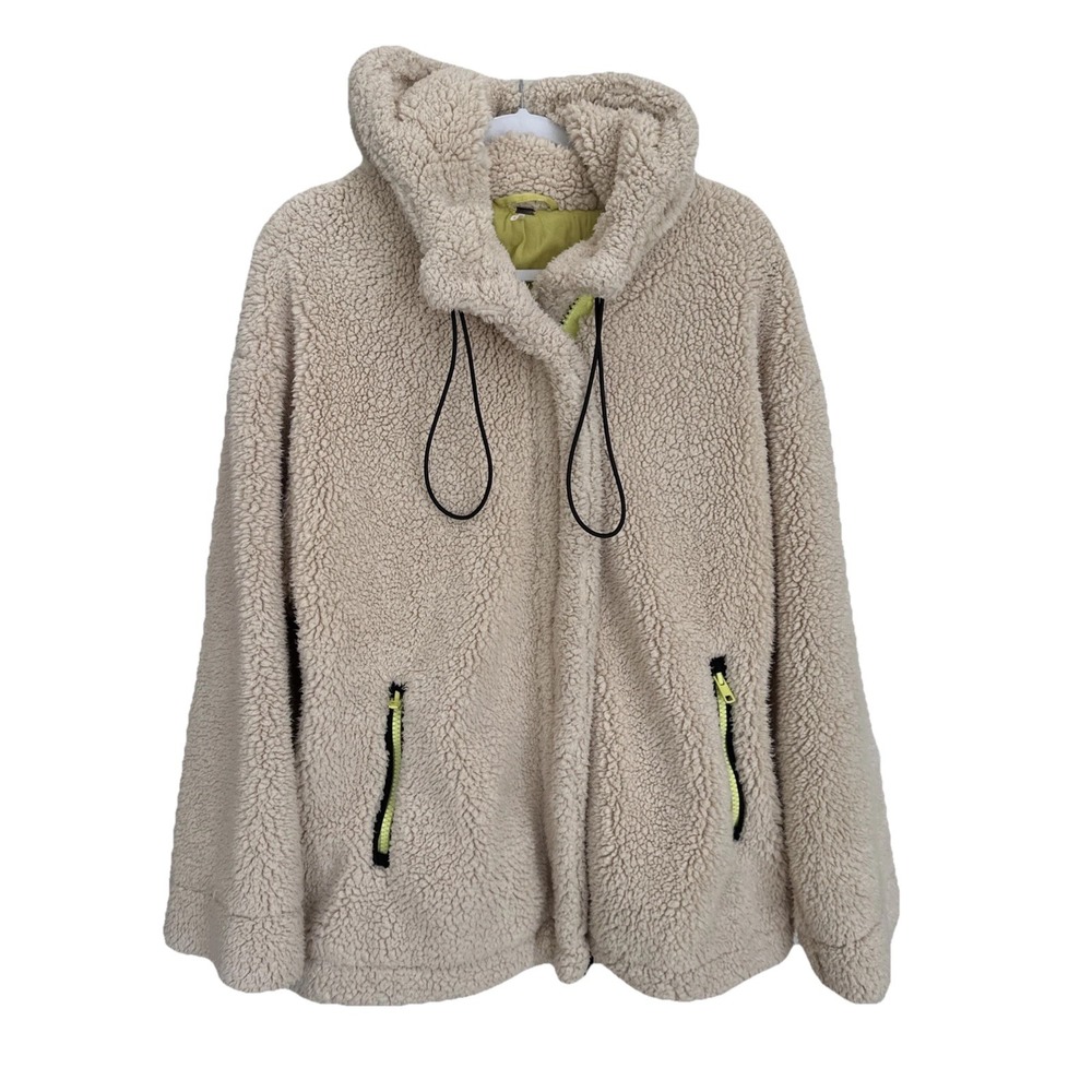 Free People Sherpa full Zip Hooded Jacket Gorpcore Tan Yellow Zippers Size M